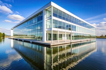 Obraz premium White building with glass windows next to body of water