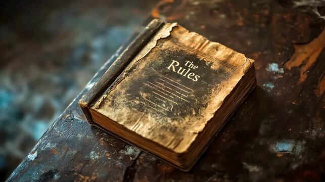 Old book titled the rules resting on a worn wooden surface