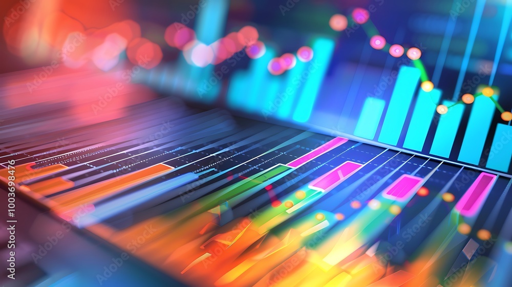 Poster colorful representation of financial data, showing various charts and graphs with a bright and dynam