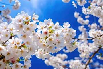 Obraz premium White cherry blossoms blooming against deep blue sky in springtime aerial view