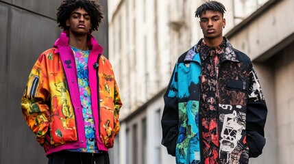 Fototapeta premium Urban Fashion Blends Striking Colors and Unique Styles