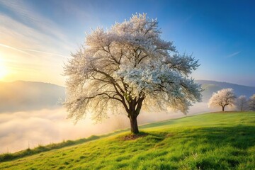 Fototapeta premium White cherry blossom on meadow hillside with morning mist in background