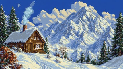 Cozy Cabin in Snowy Mountain Landscape