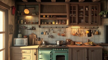 3D effect of a cozy kitchen with rustic appliances, detailed wooden cabinets, and a lively cooking