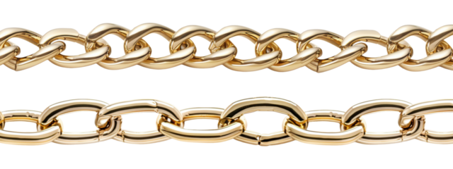 Gold chain links in two different styles, isolated on transparent background