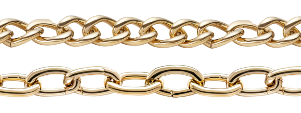 Gold chain links in two different styles, isolated on transparent background