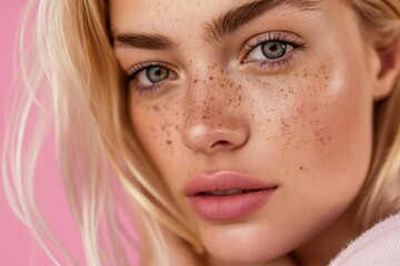 Close-up of young, healthy-looking Caucasian woman with freckles. Beautiful blonde model posing in studio setting. Isolated on pink background. Skin looks well-cared for. Beautiful, natural face with