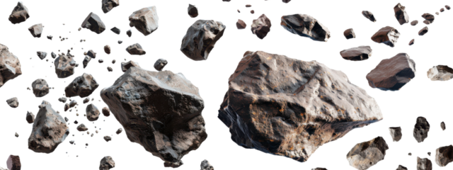Collection of floating rocks in various sizes, isolated on transparent background