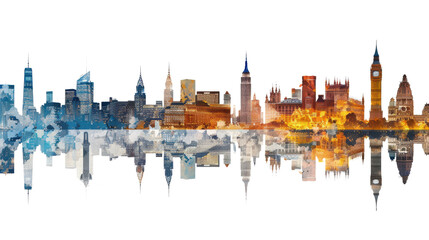 Obraz premium Watercolor city skyline with reflection, isolated on transparent background