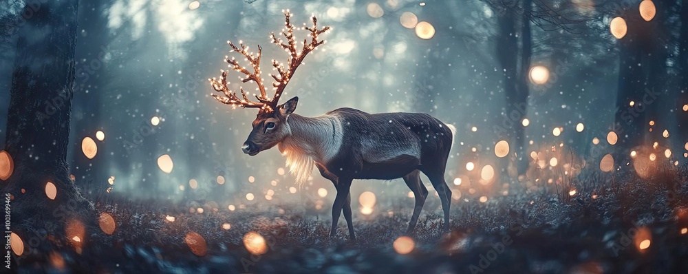 Poster Enchanting deer standing in a mystical forest, illuminated by soft glowing lights, creating a magical atmosphere.