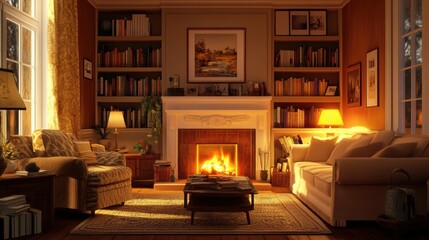 3D effect of a cozy living room with realistic furniture, warm lighting, and decorative