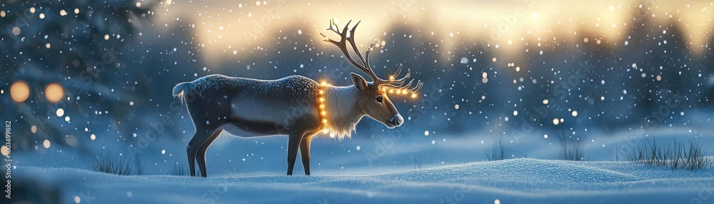 Poster a tranquil winter scene featuring a reindeer adorned with glowing lights, surrounded by soft snow an