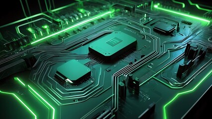 Fototapeta premium A computer processor chip mounted on a green printed circuit board