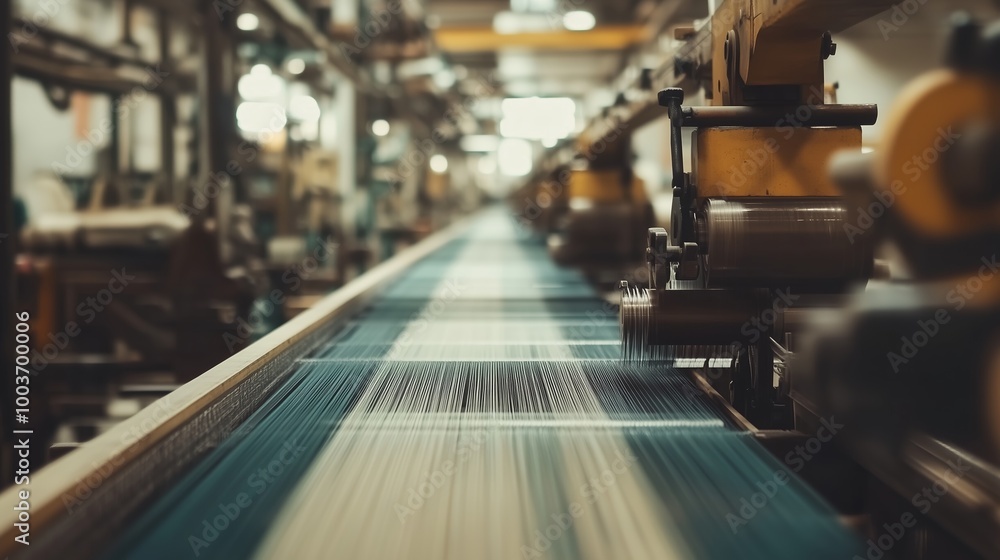 Poster textile manufacturing process in a busy factory with machines weaving colorful threads during daylig