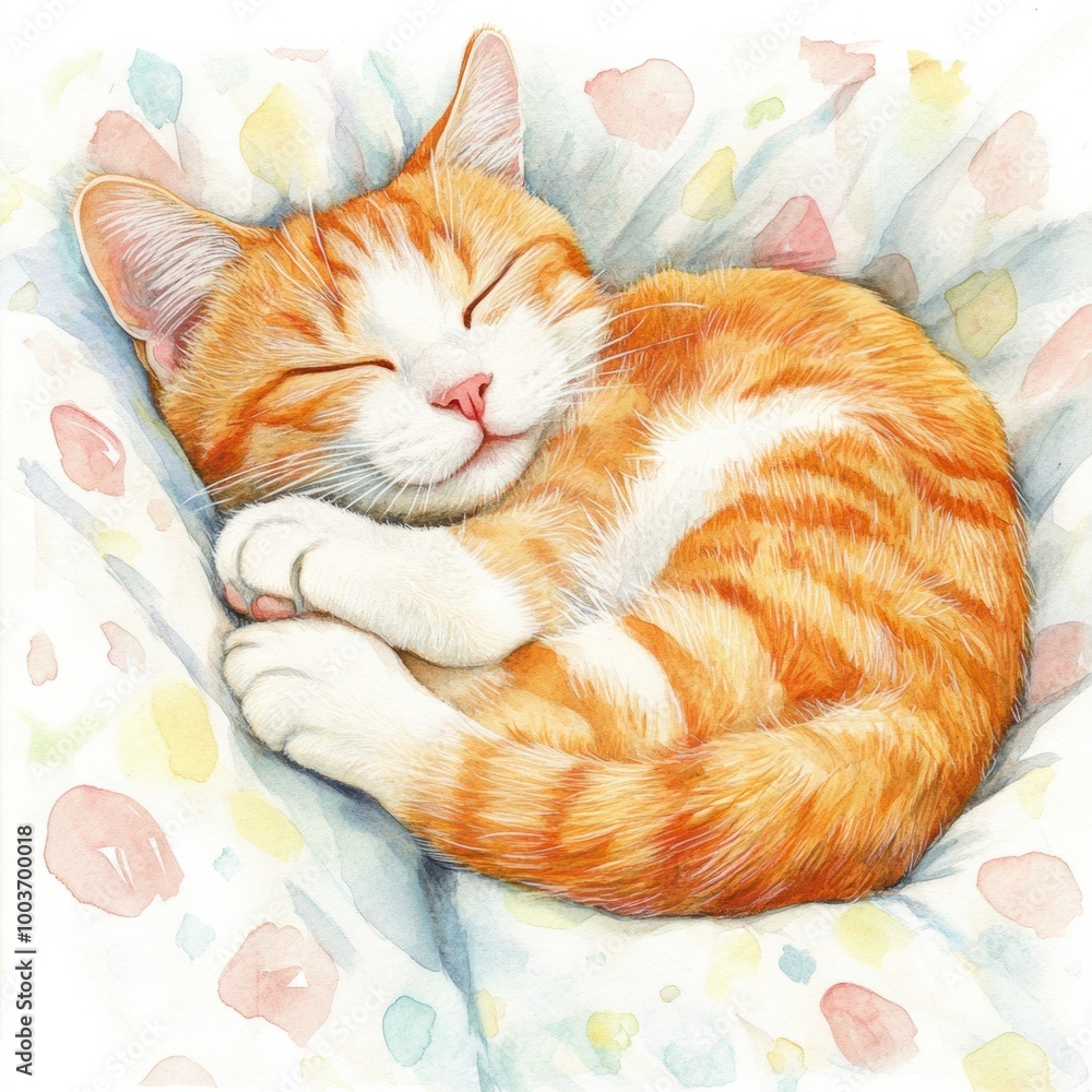 Poster a cozy orange cat peacefully sleeping on a soft bedspread with a serene expression in a bright, calm