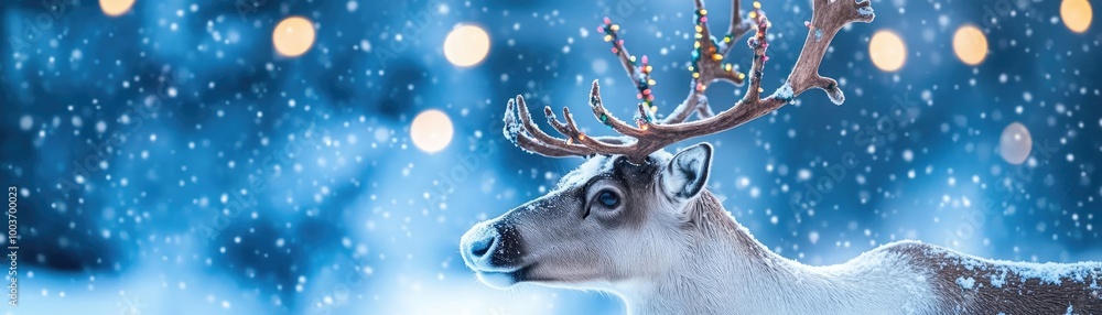 Poster a majestic reindeer standing in a snowy landscape, surrounded by soft bokeh lights, creating a seren