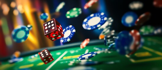 Dynamic scene of colorful casino chips and dice in motion, capturing the thrill and excitement of gaming.