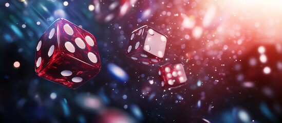 Dynamic shot of falling dice creating a vibrant atmosphere with glowing lights and bokeh effects, perfect for gaming themes.