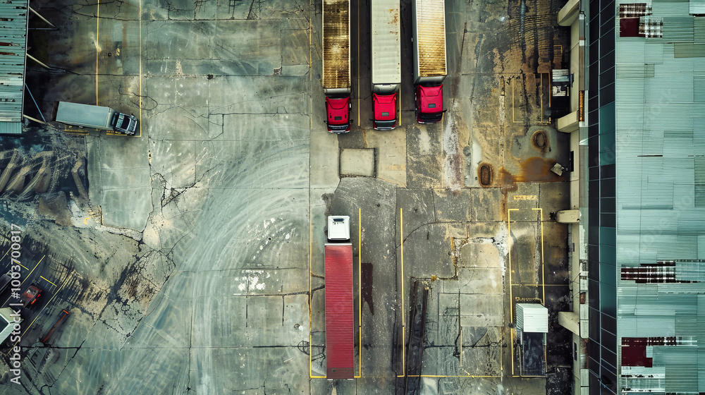 Poster aerial view of a busy warehouse loading dock with multiple trucks parked in organized rows during da