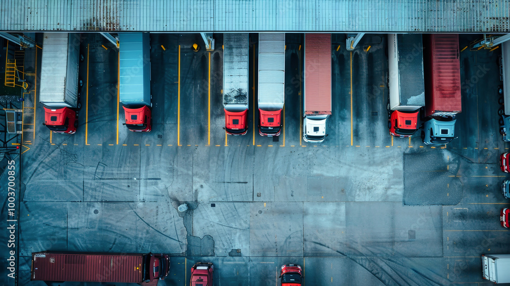 Poster aerial view of a busy loading dock with trucks parked in neat rows at a warehouse during daytime