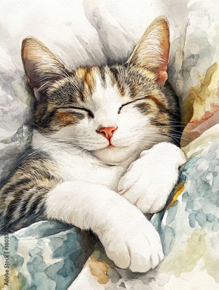Poster a peaceful cat blissfully sleeping on a colorful bedspread against a soft white background during a 