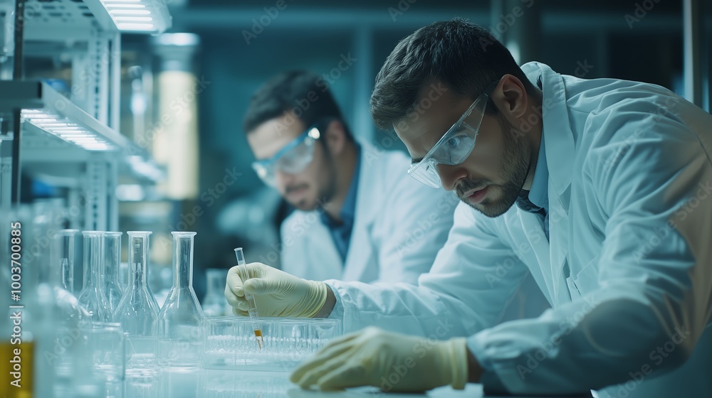 Poster scientists conducting experiments in a modern laboratory during the evening hours, focusing on preci
