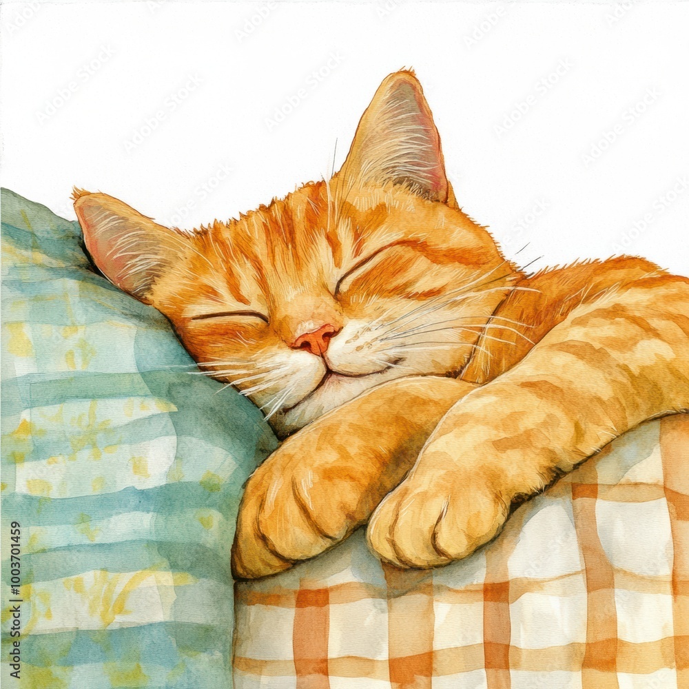 Poster a peaceful orange cat sleeping soundly on a cozy bedspread in a serene setting with a bright white b