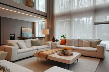 Modern living room with comfortable sofa and furniture. Classic decor with colourful pillows and decorative objects. Contemporary style with chest, drawer, and table. Cosy and relaxing atmosphere.