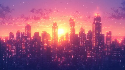 Fototapeta premium Vibrant City Skyline Against Colorful Sunset