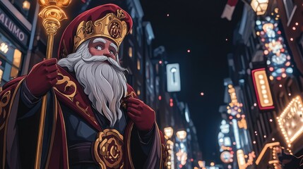 Close-up of Sinterklaas Smiling with Gleaming Hat and Staff in Festive Dutch Setting