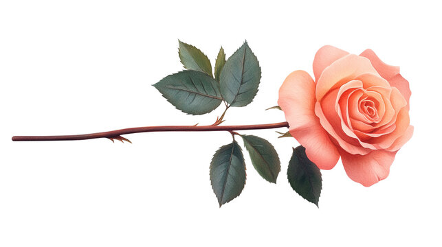 A beautiful peach rose with lush green leaves, elegantly displayed against a transparent background, ideal for floral designs or romantic themes.