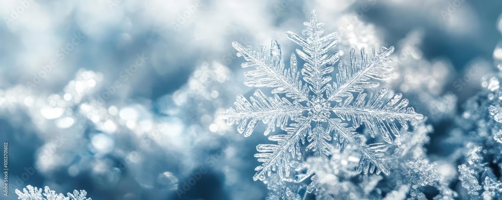 Poster A close-up view of a delicate snowflake resting on a cool, frosty background, showcasing intricate crystal patterns and winter beauty.