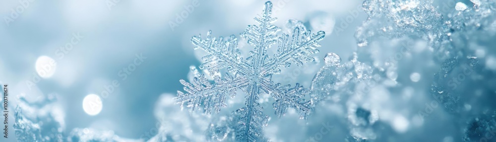 Poster Beautiful close-up of a snowflake capturing intricate details and delicate patterns, illuminated in a soft blue ambiance.