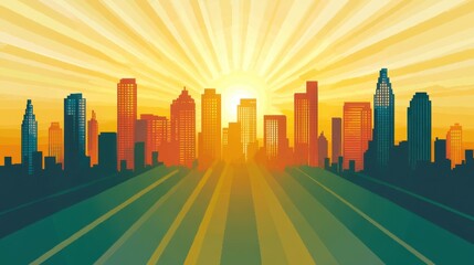 Sunrise Over City Skyline with Radiant Background
