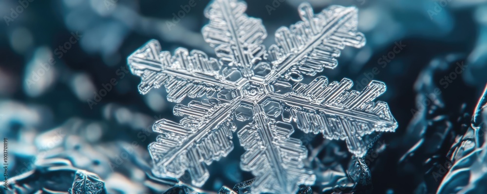 Poster Close-up of a delicate snowflake resting on icy surface, showcasing intricate patterns and crystal formations under natural light.