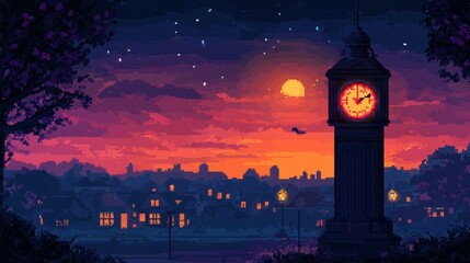 Sunset Scene with Clock Tower in Pixel Art Style