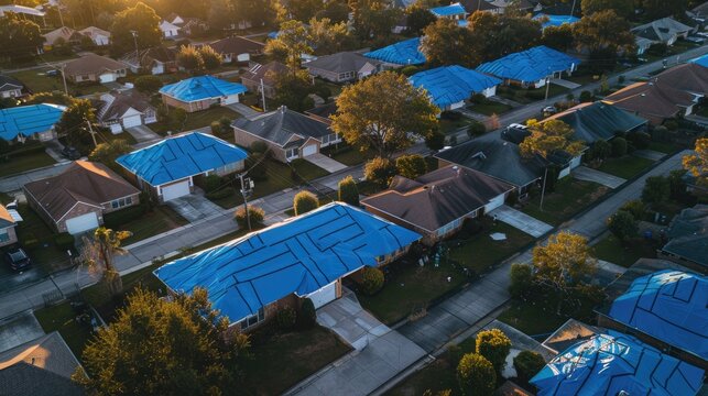 Bird's-eye perspective of houses covered with blue protective tarps following a hurricane, waiting for shingle replacement.