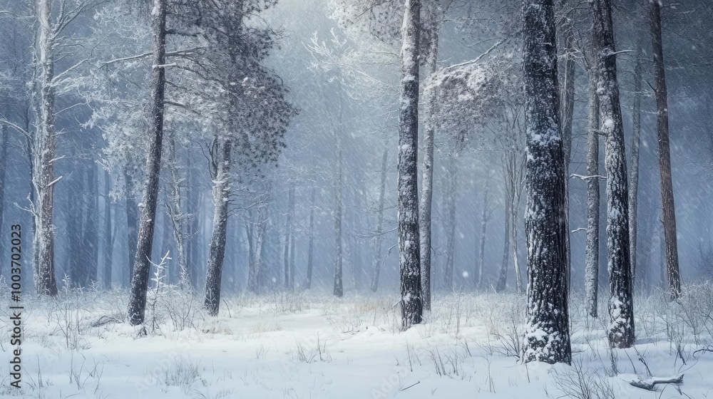 Poster a serene winter scene featuring tall trees blanketed in snow, with a soft mist creating a mystical a
