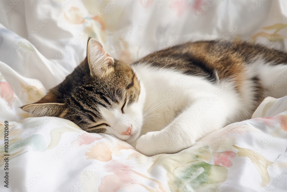 Poster a cozy cat sleeping peacefully on a colorful bedspread with a white background during a tranquil aft