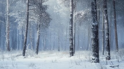 Fototapeta premium A serene winter scene featuring tall trees blanketed in snow, with a soft mist creating a mystical atmosphere in the forest.