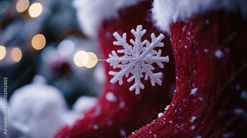 Poster a close-up of festive red stockings adorned with a snowflake, capturing the essence of a cozy christ