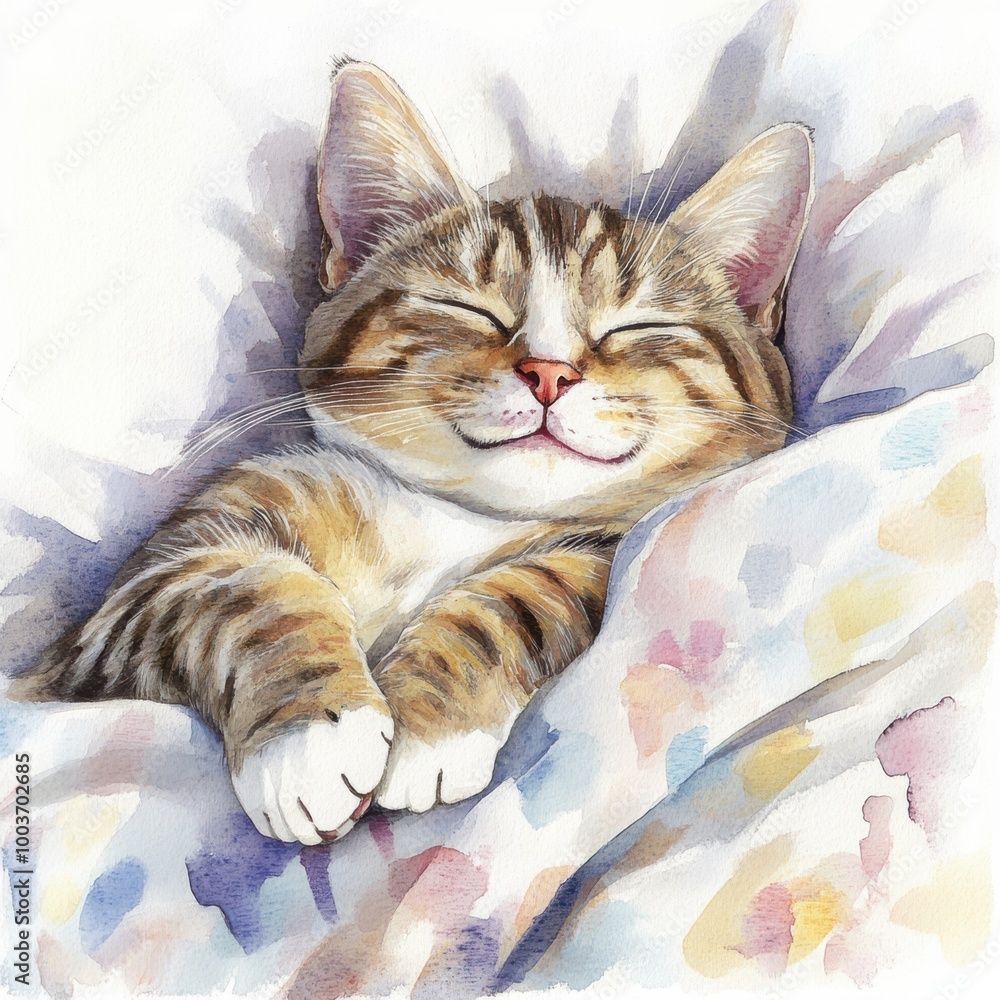 Poster a peaceful cat sleeping soundly on a colorful bedspread with a soft white background during a tranqu
