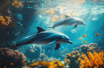 Fototapeta premium A beautiful scene of dolphins swimming around colorful coral reefs, with vibrant fish and sea plants in the background