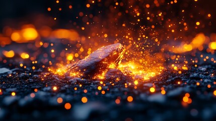 Obraz premium Close-up of glowing lava rock with sparks, showcasing the beauty of molten earth and geothermal activity.