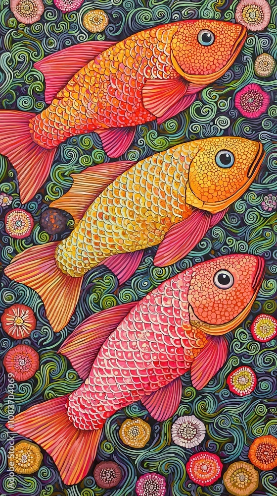 Wall mural a painting of two fish swimming in a body of water, with bubbles rising from the bottom