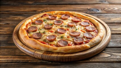 Whole round pizza with sausage and cheese on wooden tray