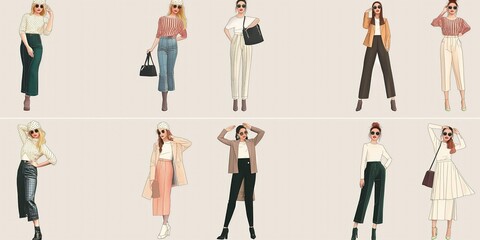 Young caucasian woman on background. Wears casual attire, including jacket, pant, bag. Blond hair styled in modern look. Woman poses in stylish way, with fashionable touch. Make-up, outfit perfect