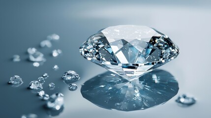  A tight shot of a diamond atop a mirror-like surface, surrounded by water droplets, and its mirrored image on the ground