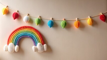 Obraz premium Handmade woolen rainbow and garland with colorful leaves hanging against a neutral background.