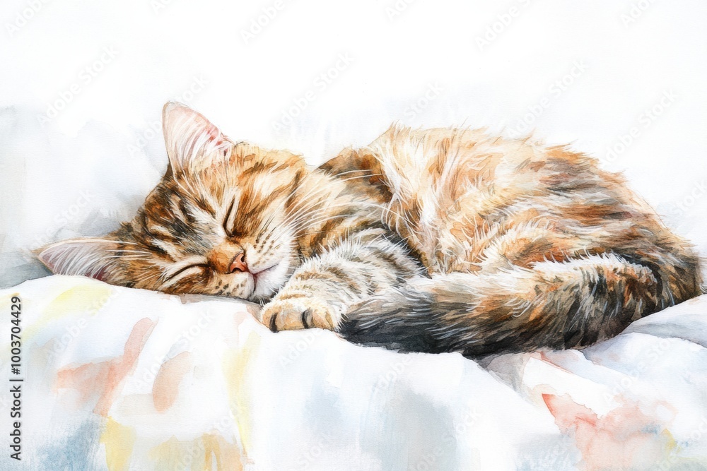 Poster A peaceful sleeping cat curled up on a fluffy bedspread with a soft white background in a tranquil indoor setting. Generative AI